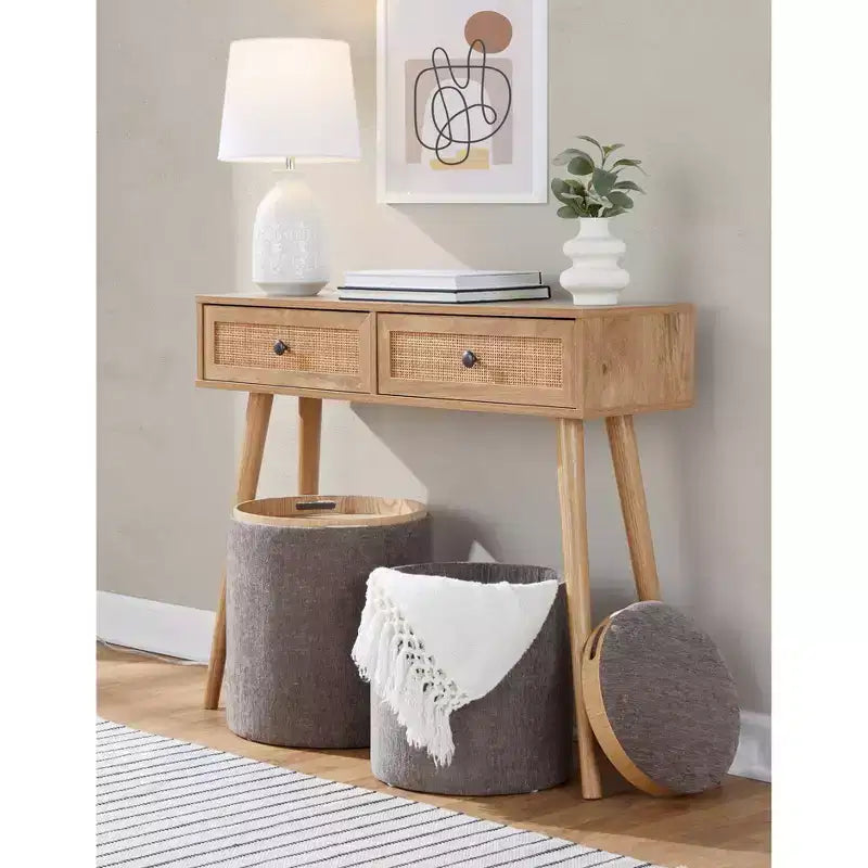 Set di pouf a incastro con vassoio LumiSource in tessuto/legno naturale