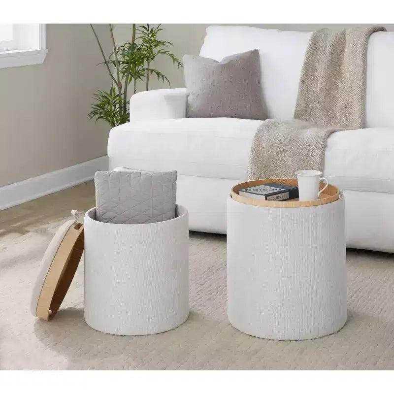 Set di pouf a incastro con vassoio LumiSource in tessuto/legno naturale