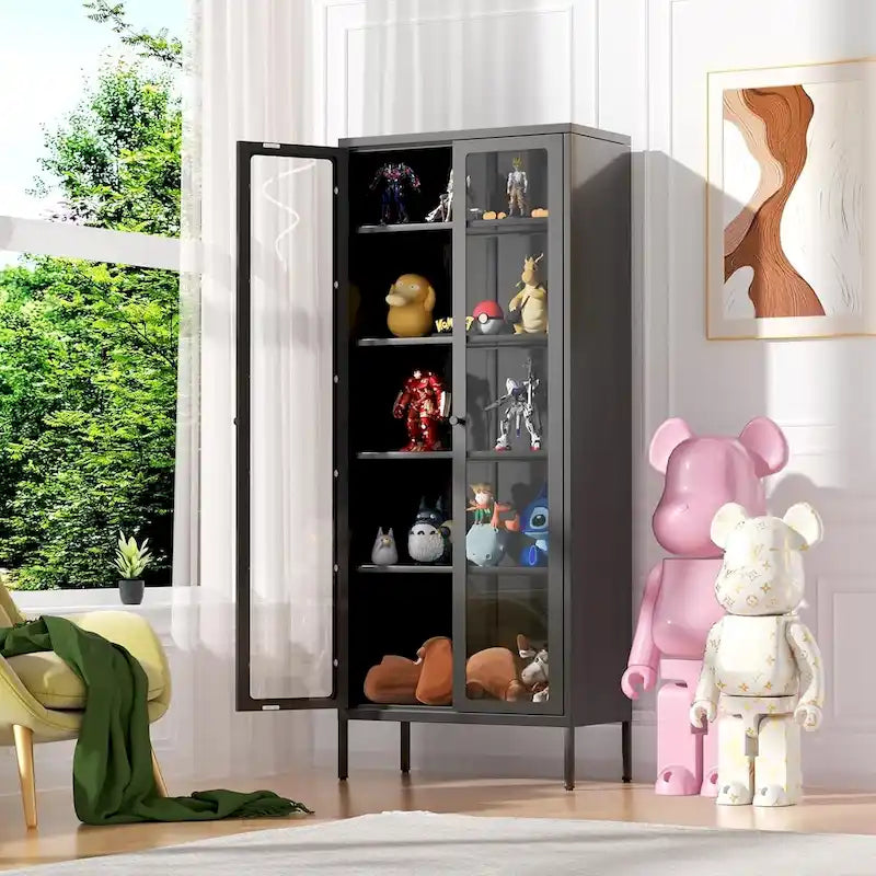 Vetrina espositiva alta 170 cm con anta in vetro e 4 ripiani regolabili – Rosa / Nero / Bianco / Blu, singola