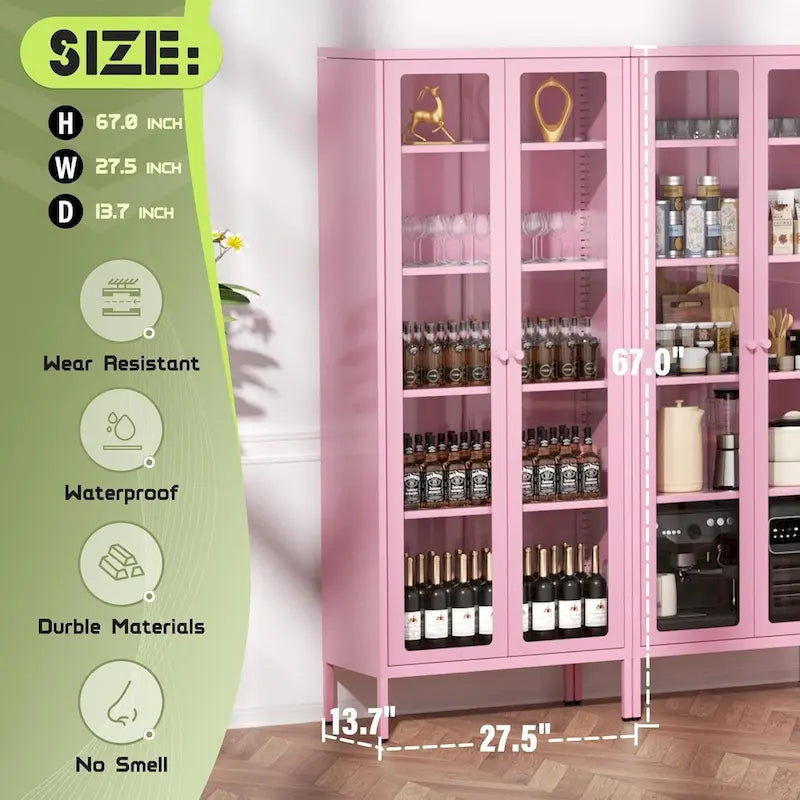 Vetrina espositiva alta 170 cm con anta in vetro e 4 ripiani regolabili – Rosa / Nero / Bianco / Blu, singola