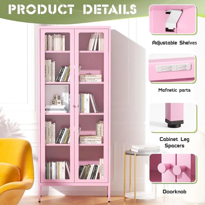 Vetrina espositiva alta 170 cm con anta in vetro e 4 ripiani regolabili – Rosa / Nero / Bianco / Blu, singola