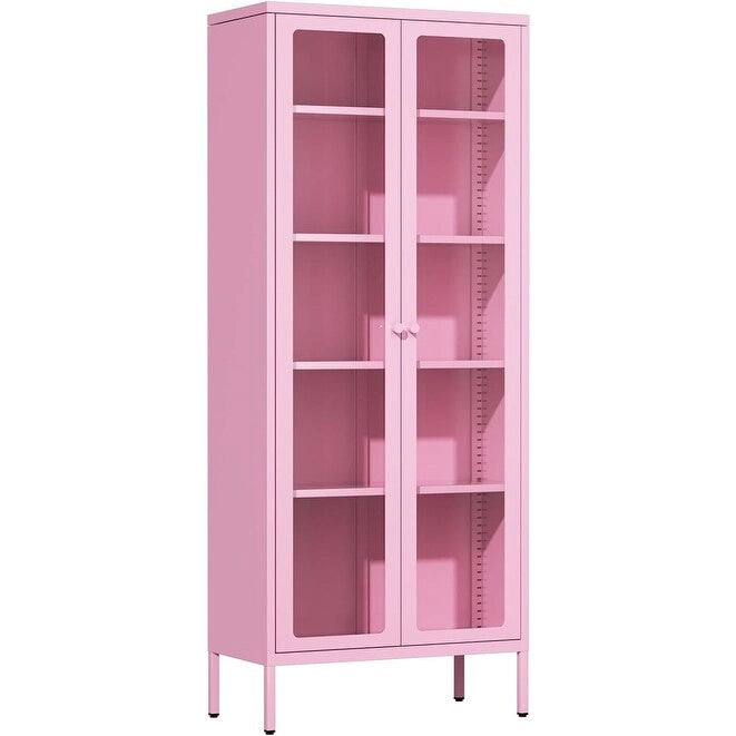 Vetrina espositiva alta 170 cm con anta in vetro e 4 ripiani regolabili – Rosa / Nero / Bianco / Blu, singola
