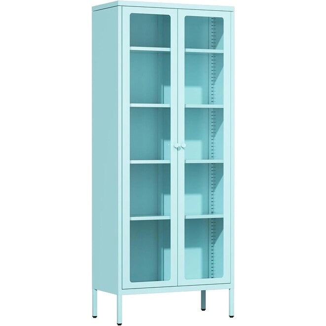 Vetrina espositiva alta 170 cm con anta in vetro e 4 ripiani regolabili – Rosa / Nero / Bianco / Blu, singola
