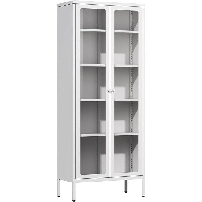 Vetrina espositiva alta 170 cm con anta in vetro e 4 ripiani regolabili – Rosa / Nero / Bianco / Blu, singola