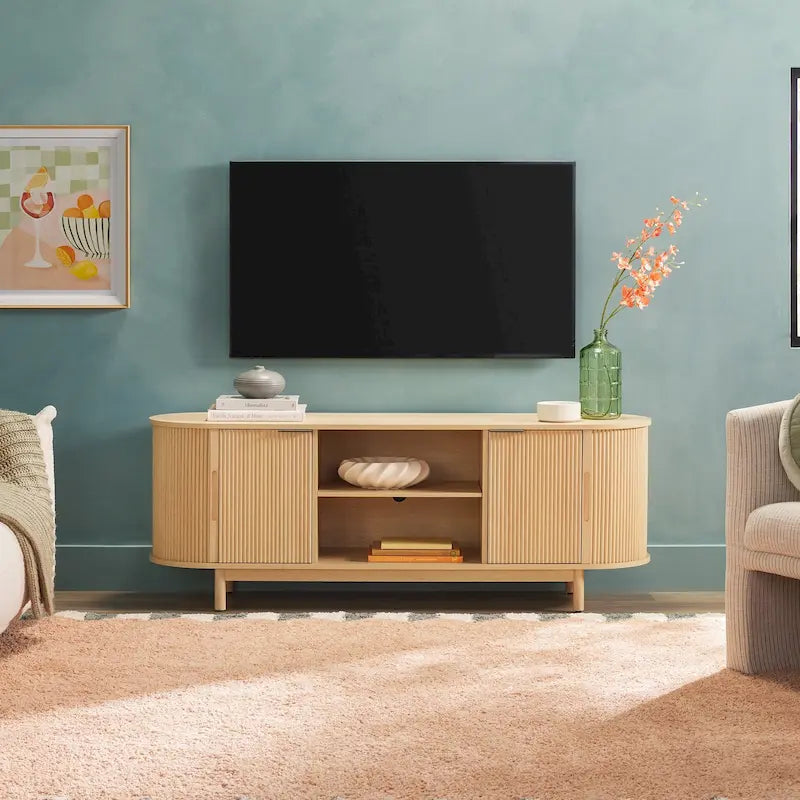 Mobile TV moderno a doghe da 60 pollici con ante a chiusura ammortizzata – Quercia Costiera / Mocha, Unità singola, Adatto a TV fino a 65"