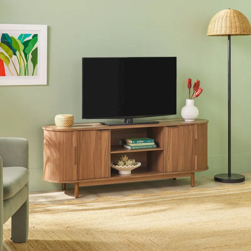 Mobile TV moderno a doghe da 60 pollici con ante a chiusura ammortizzata – Quercia Costiera / Mocha, Unità singola, Adatto a TV fino a 65"