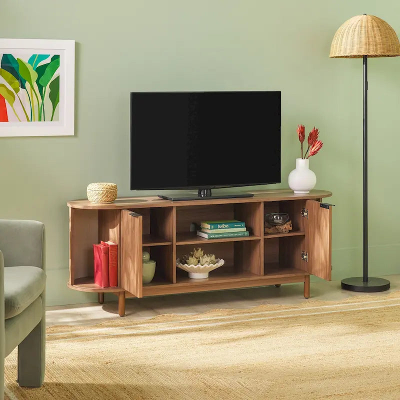 Mobile TV moderno a doghe da 60 pollici con ante a chiusura ammortizzata – Quercia Costiera / Mocha, Unità singola, Adatto a TV fino a 65"
