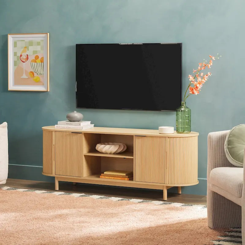 Mobile TV moderno a doghe da 60 pollici con ante a chiusura ammortizzata – Quercia Costiera / Mocha, Unità singola, Adatto a TV fino a 65"