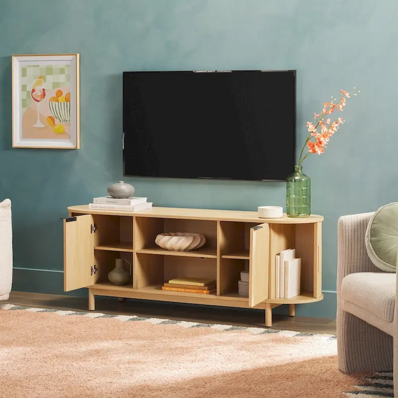 Mobile TV moderno a doghe da 60 pollici con ante a chiusura ammortizzata – Quercia Costiera / Mocha, Unità singola, Adatto a TV fino a 65"
