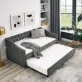 Daybed Imbottito Singolo con Letto Estraibile, Schienale Trapuntato a Bottone e Braccioli a Onda con Borchie – Grigio / Beige, Posti Letto 1–2