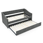 Daybed Imbottito Singolo con Letto Estraibile, Schienale Trapuntato a Bottone e Braccioli a Onda con Borchie – Grigio / Beige, Posti Letto 1–2