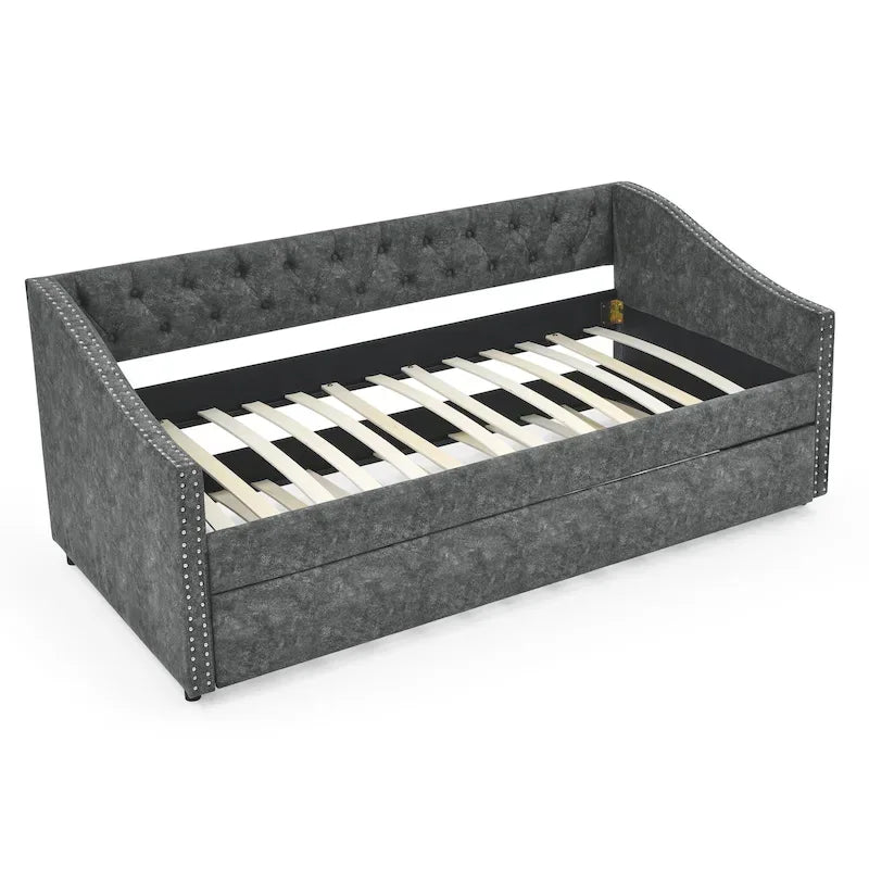 Daybed Imbottito Singolo con Letto Estraibile, Schienale Trapuntato a Bottone e Braccioli a Onda con Borchie – Grigio / Beige, Posti Letto 1–2