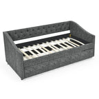 Daybed Imbottito Singolo con Letto Estraibile, Schienale Trapuntato a Bottone e Braccioli a Onda con Borchie – Grigio / Beige, Posti Letto 1–2