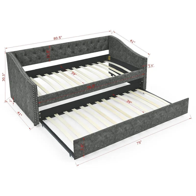 Daybed Imbottito Singolo con Letto Estraibile, Schienale Trapuntato a Bottone e Braccioli a Onda con Borchie – Grigio / Beige, Posti Letto 1–2