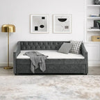 Daybed Imbottito Singolo con Letto Estraibile, Schienale Trapuntato a Bottone e Braccioli a Onda con Borchie – Grigio / Beige, Posti Letto 1–2