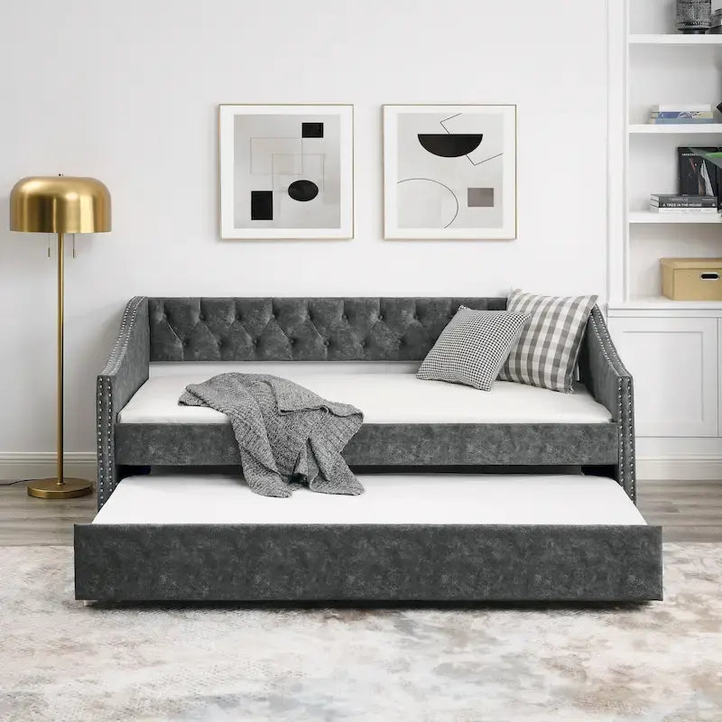 Daybed Imbottito Singolo con Letto Estraibile, Schienale Trapuntato a Bottone e Braccioli a Onda con Borchie – Grigio / Beige, Posti Letto 1–2