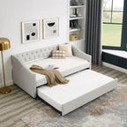Daybed Imbottito Singolo con Letto Estraibile, Schienale Trapuntato a Bottone e Braccioli a Onda con Borchie – Grigio / Beige, Posti Letto 1–2