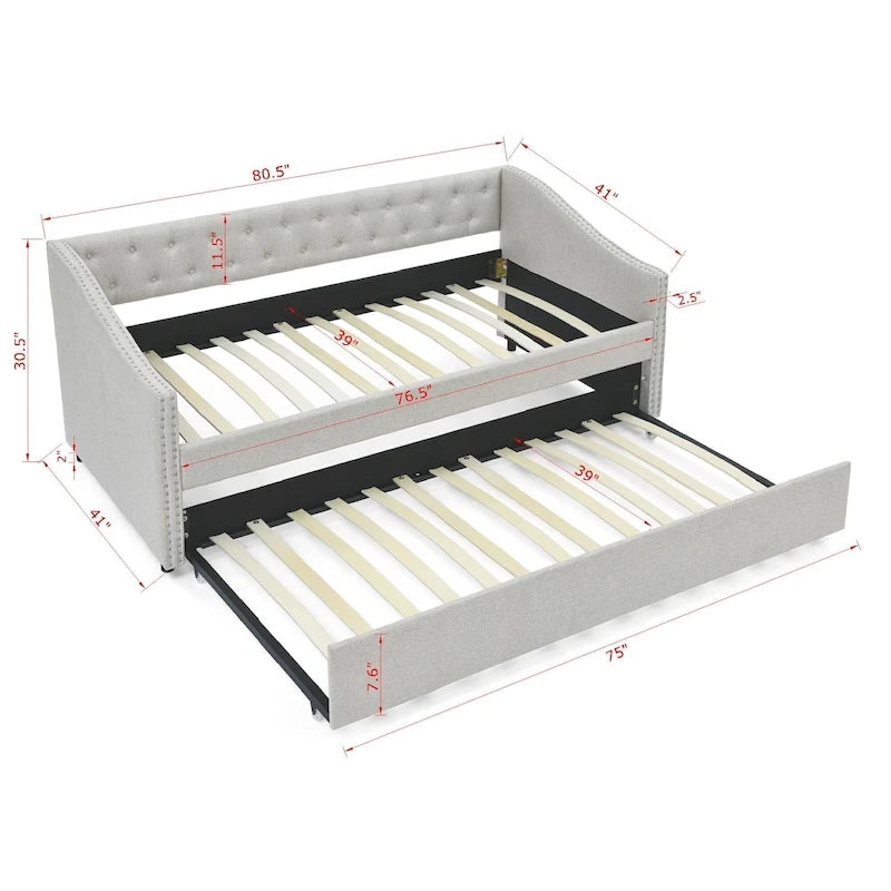 Daybed Imbottito Singolo con Letto Estraibile, Schienale Trapuntato a Bottone e Braccioli a Onda con Borchie – Grigio / Beige, Posti Letto 1–2
