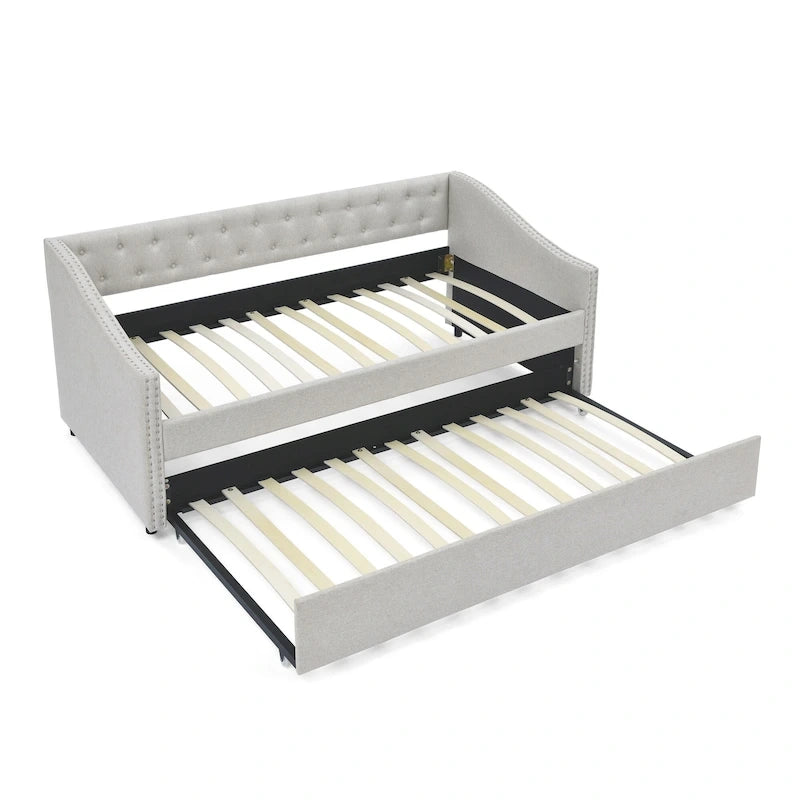 Daybed Imbottito Singolo con Letto Estraibile, Schienale Trapuntato a Bottone e Braccioli a Onda con Borchie – Grigio / Beige, Posti Letto 1–2