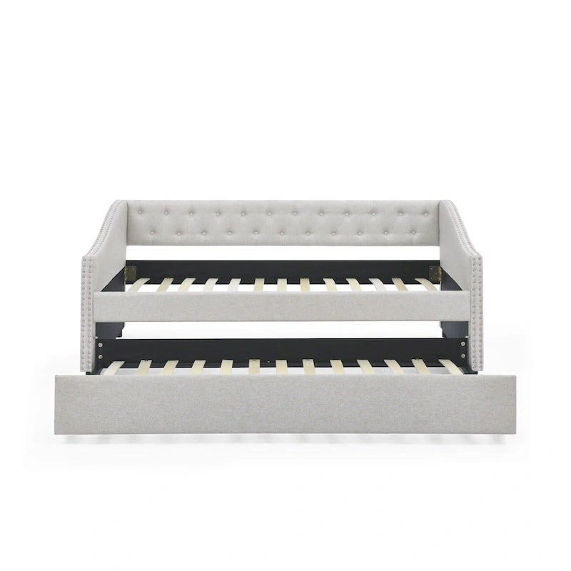 Daybed Imbottito Singolo con Letto Estraibile, Schienale Trapuntato a Bottone e Braccioli a Onda con Borchie – Grigio / Beige, Posti Letto 1–2
