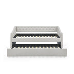 Daybed Imbottito Singolo con Letto Estraibile, Schienale Trapuntato a Bottone e Braccioli a Onda con Borchie – Grigio / Beige, Posti Letto 1–2