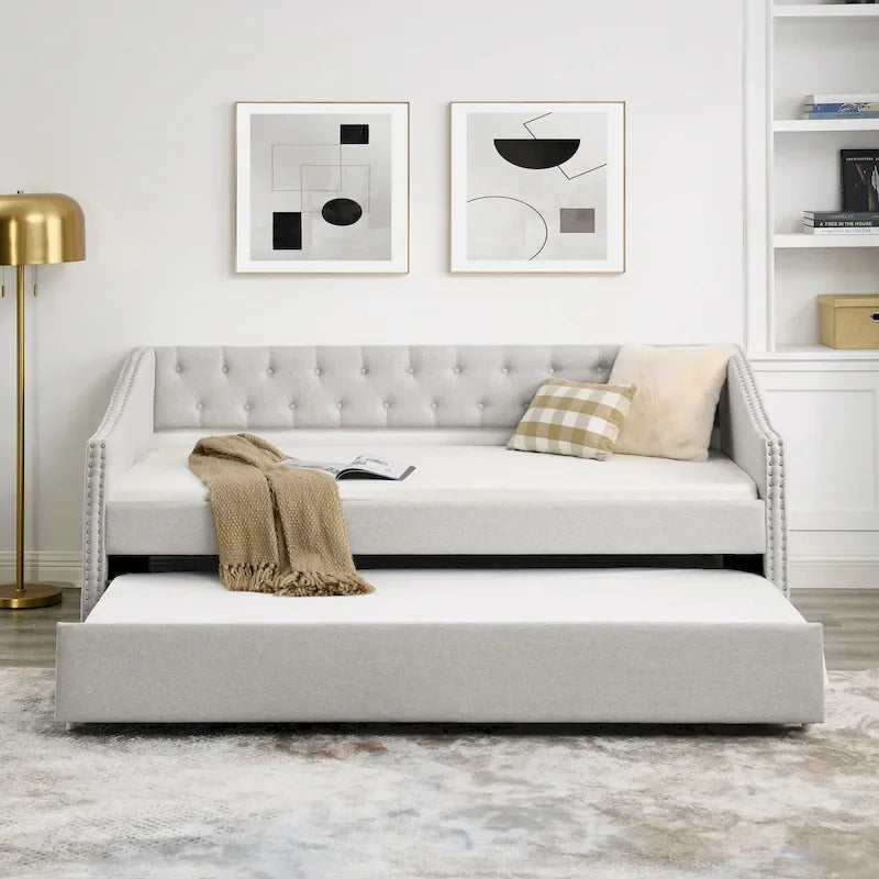 Daybed Imbottito Singolo con Letto Estraibile, Schienale Trapuntato a Bottone e Braccioli a Onda con Borchie – Grigio / Beige, Posti Letto 1–2