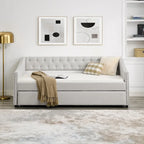 Daybed Imbottito Singolo con Letto Estraibile, Schienale Trapuntato a Bottone e Braccioli a Onda con Borchie – Grigio / Beige, Posti Letto 1–2