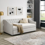 Daybed Imbottito Singolo con Letto Estraibile, Schienale Trapuntato a Bottone e Braccioli a Onda con Borchie – Grigio / Beige, Posti Letto 1–2