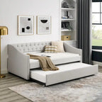 Daybed Imbottito Singolo con Letto Estraibile, Schienale Trapuntato a Bottone e Braccioli a Onda con Borchie – Grigio / Beige, Posti Letto 1–2