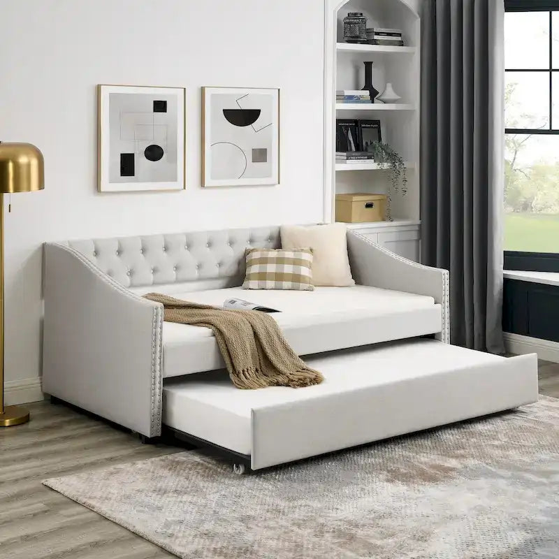 Daybed Imbottito Singolo con Letto Estraibile, Schienale Trapuntato a Bottone e Braccioli a Onda con Borchie – Grigio / Beige, Posti Letto 1–2